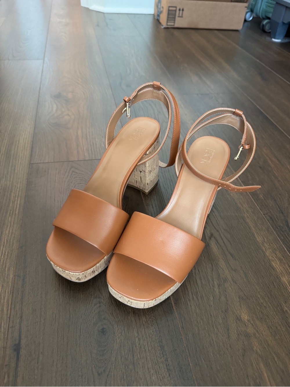 Women's Tan Cork Block Heel Sandals with Ankle Strap size 11